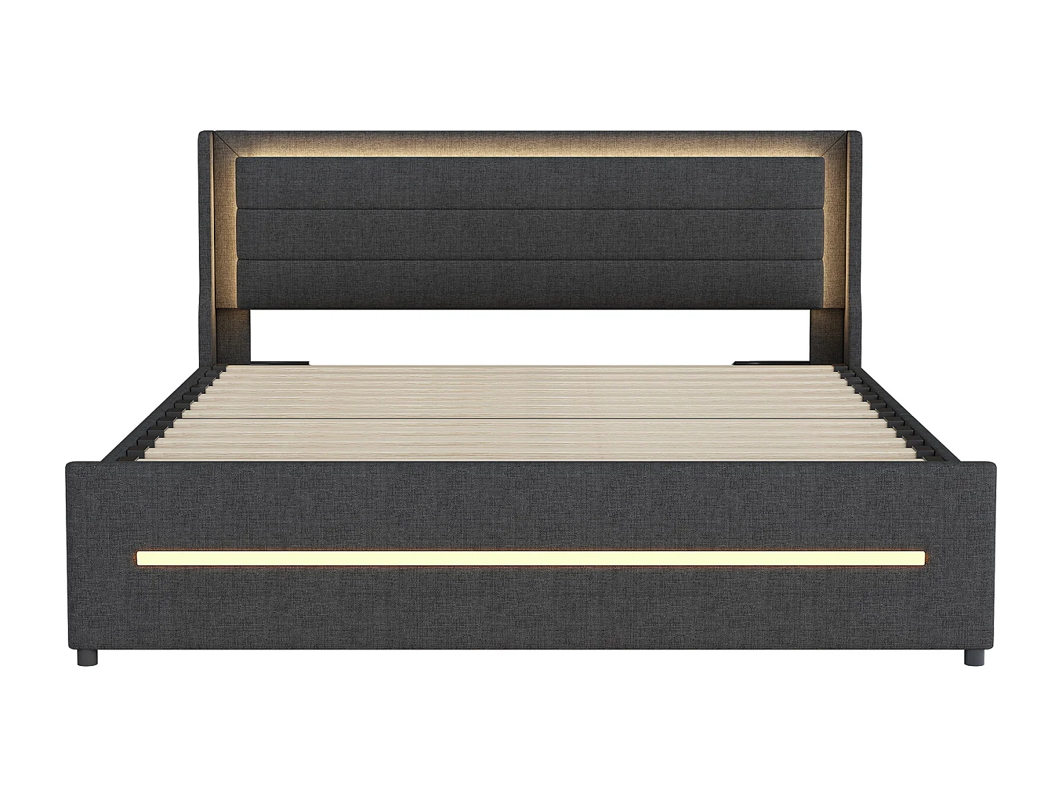 Gestoffeerd bed 160x200cm, met ledverlichting, vlak tweepersoonsbed met lattenbodem, linnen stof, grijs, matras niet inbegrepen