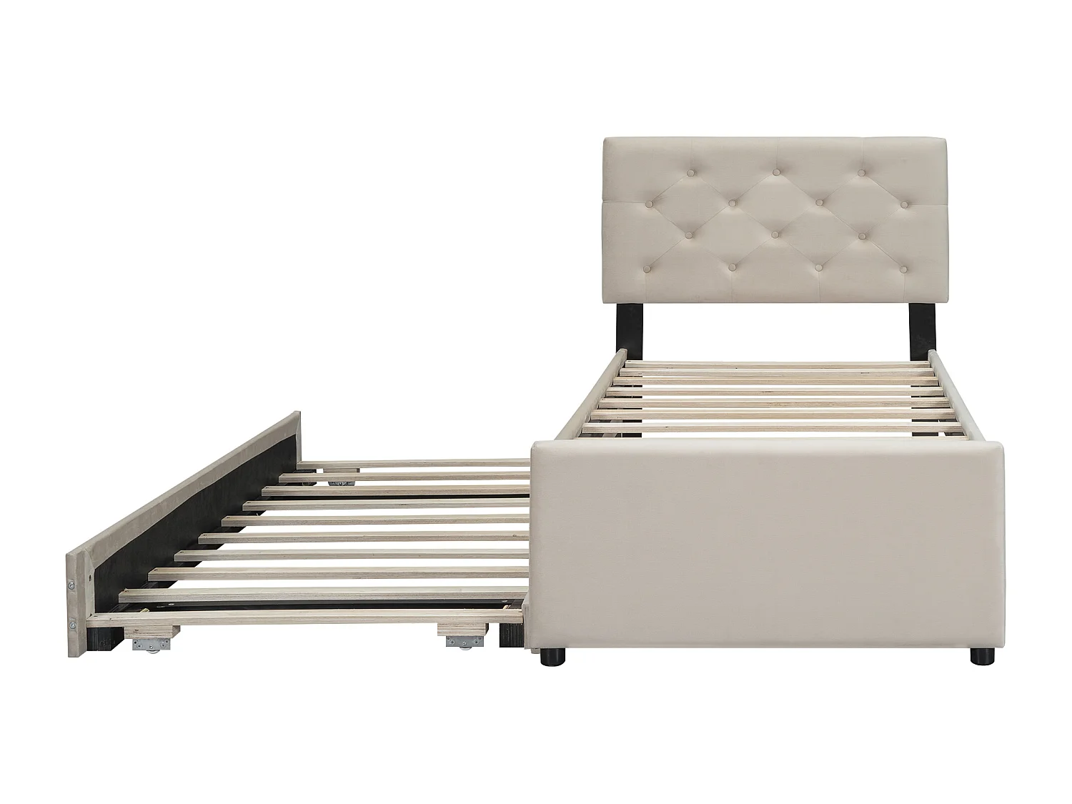 Gestoffeerd bed, 90x200 cm, met lattenbodem en verplaatsbare opbergruimte, fluweel+MDF, beige, matras niet inbegrepen