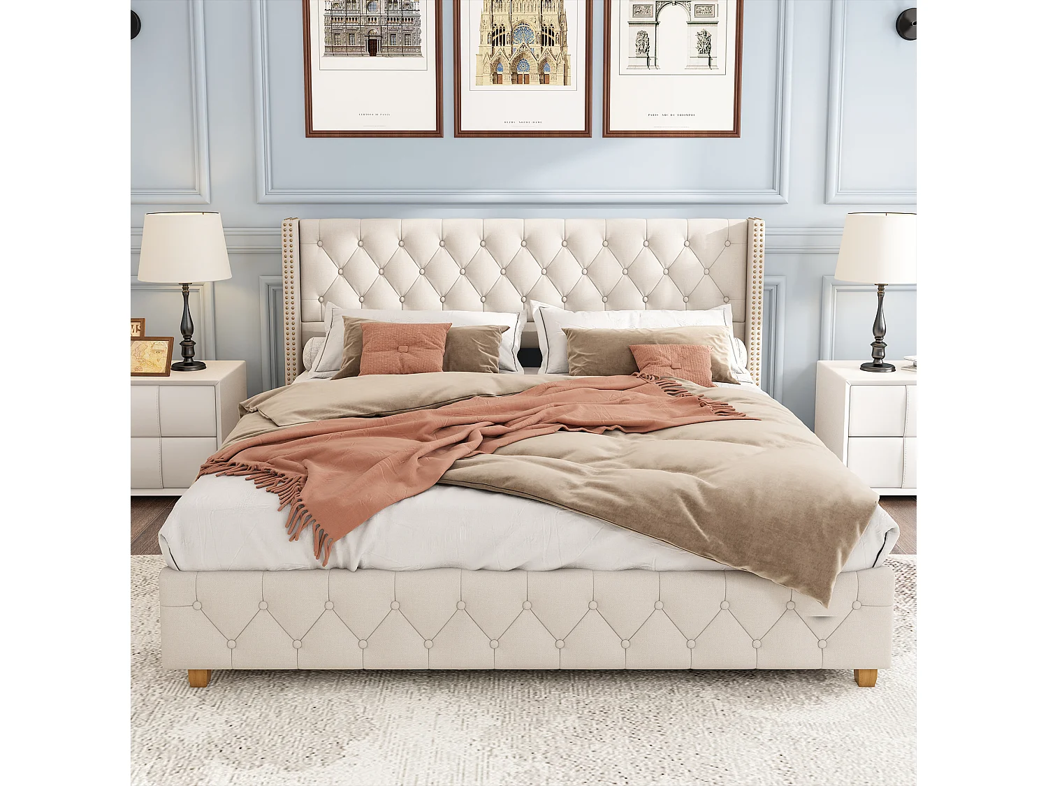 Lit capitonné 160x200cm, avec sommier à lattes et tête de lit, capitonnage à boutons et clous décoratifs, lin, beige, sans matelas