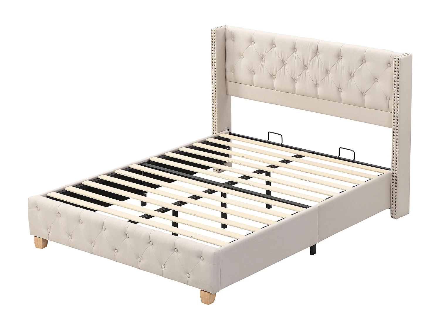 Lit capitonné 160x200cm, avec sommier à lattes et tête de lit, capitonnage à boutons et clous décoratifs, lin, beige, sans matelas