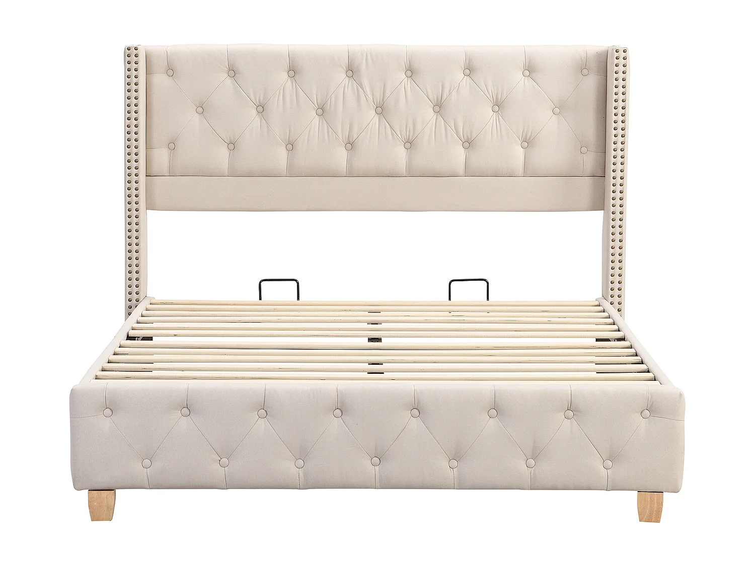 Lit capitonné 160x200cm, avec sommier à lattes et tête de lit, capitonnage à boutons et clous décoratifs, lin, beige, sans matelas