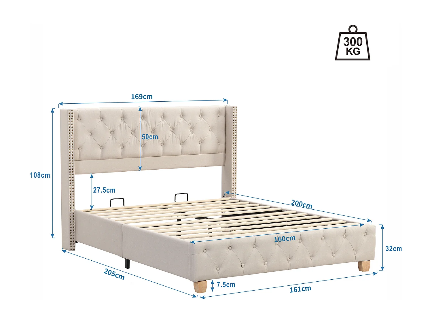 Lit capitonné 160x200cm, avec sommier à lattes et tête de lit, capitonnage à boutons et clous décoratifs, lin, beige, sans matelas
