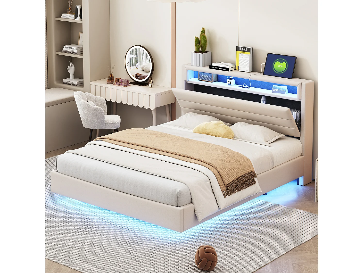 Lit rembourré 140x200cm, avec prise USB,lumière LED,tête de lit réversible et pied de lit dissimulé, lit double, beige, sans matelas