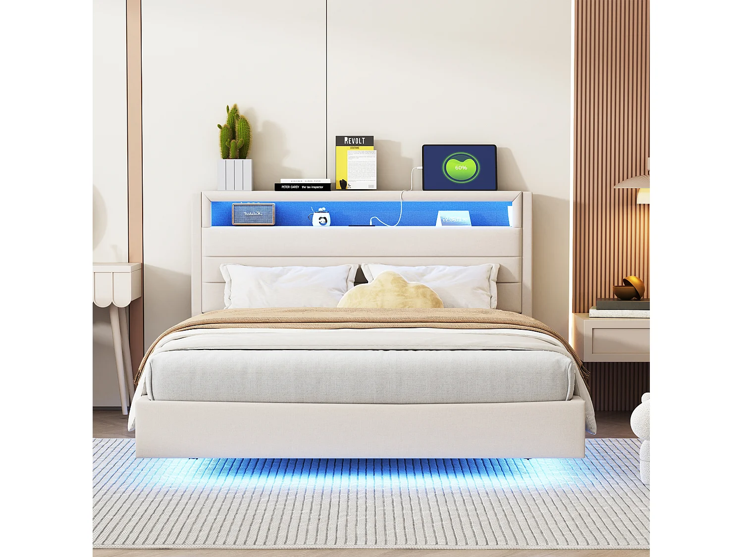 Lit rembourré 140x200cm, avec prise USB,lumière LED,tête de lit réversible et pied de lit dissimulé, lit double, beige, sans matelas