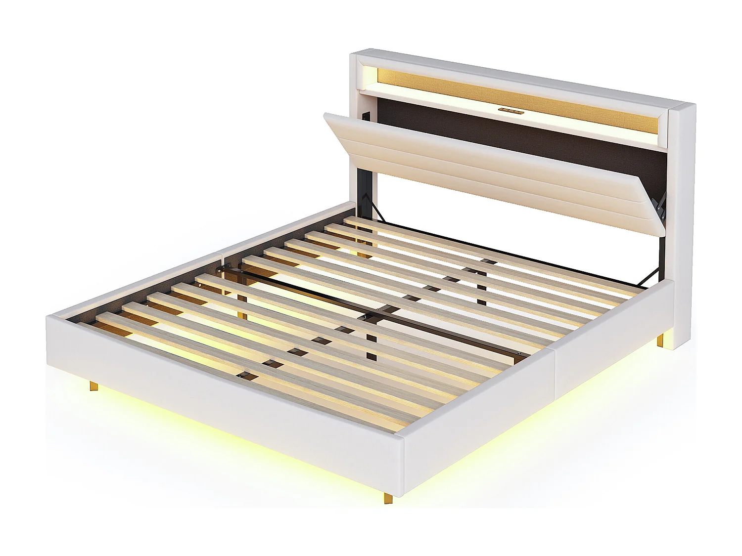 Lit rembourré 140x200cm, avec prise USB,lumière LED,tête de lit réversible et pied de lit dissimulé, lit double, beige, sans matelas