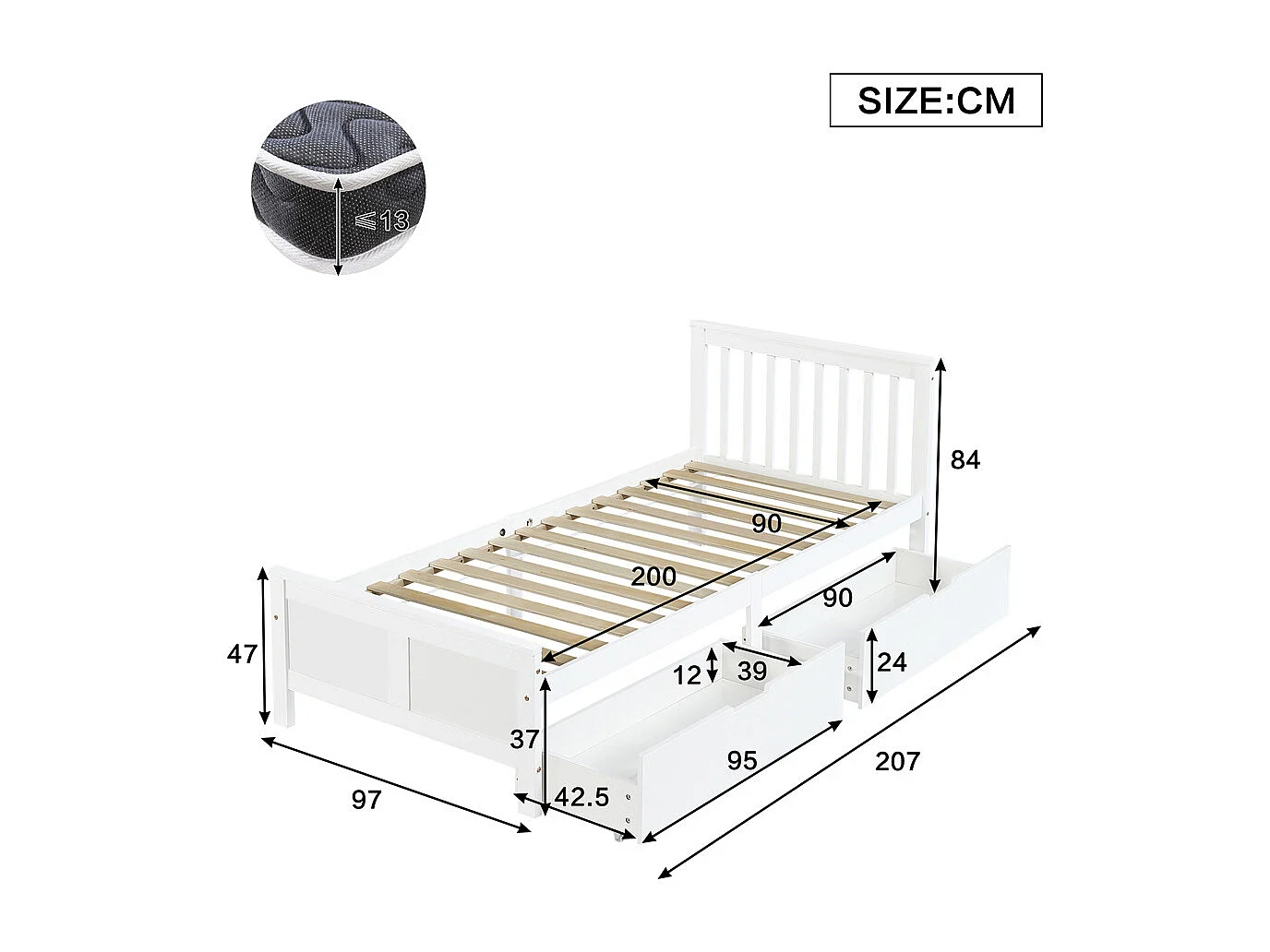 Lit en bois 90x200cm, lit simple, lit enfant, lit adulte, avec tiroirs de rangement, cadre en pin, blanc, sans matelas