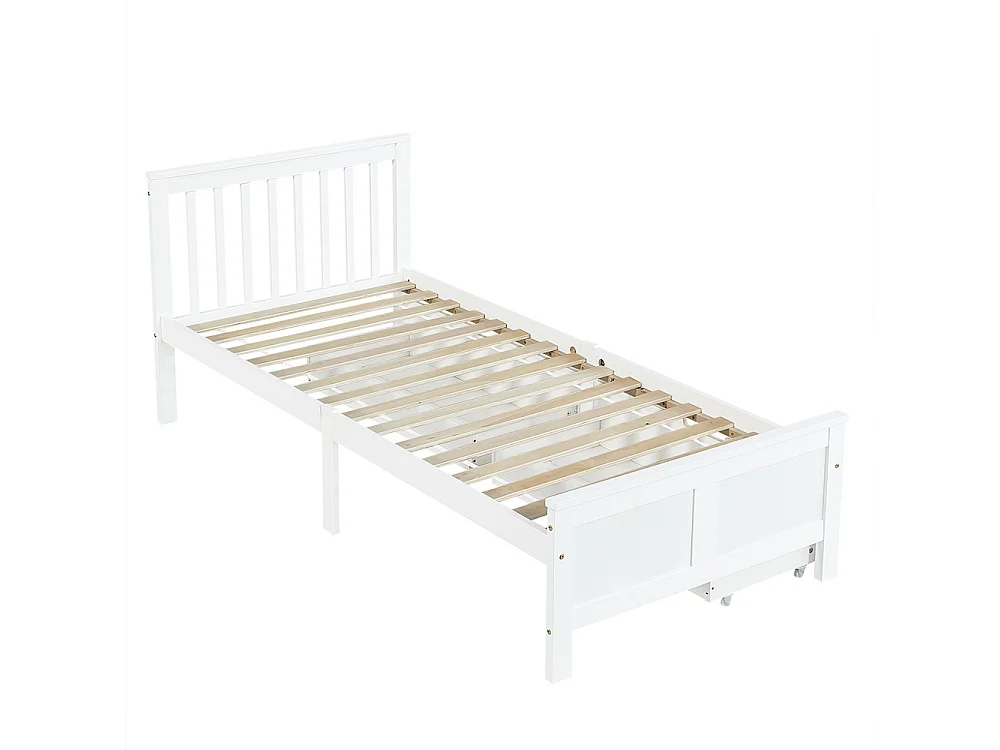 Lit en bois 90x200cm, lit simple, lit enfant, lit adulte, avec tiroirs de rangement, cadre en pin, blanc, sans matelas