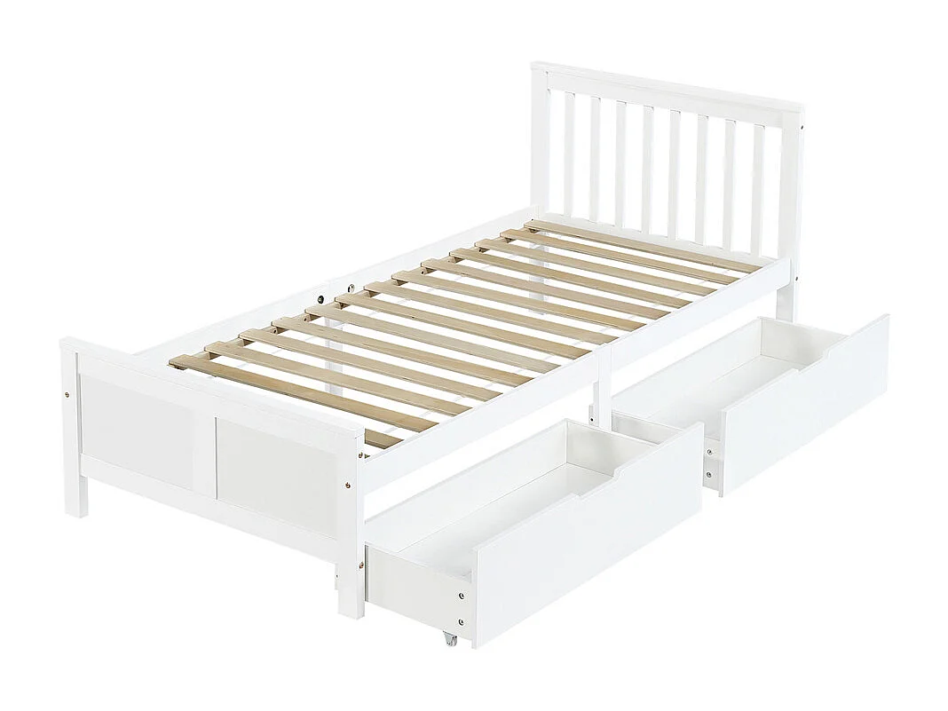 Lit en bois 90x200cm, lit simple, lit enfant, lit adulte, avec tiroirs de rangement, cadre en pin, blanc, sans matelas