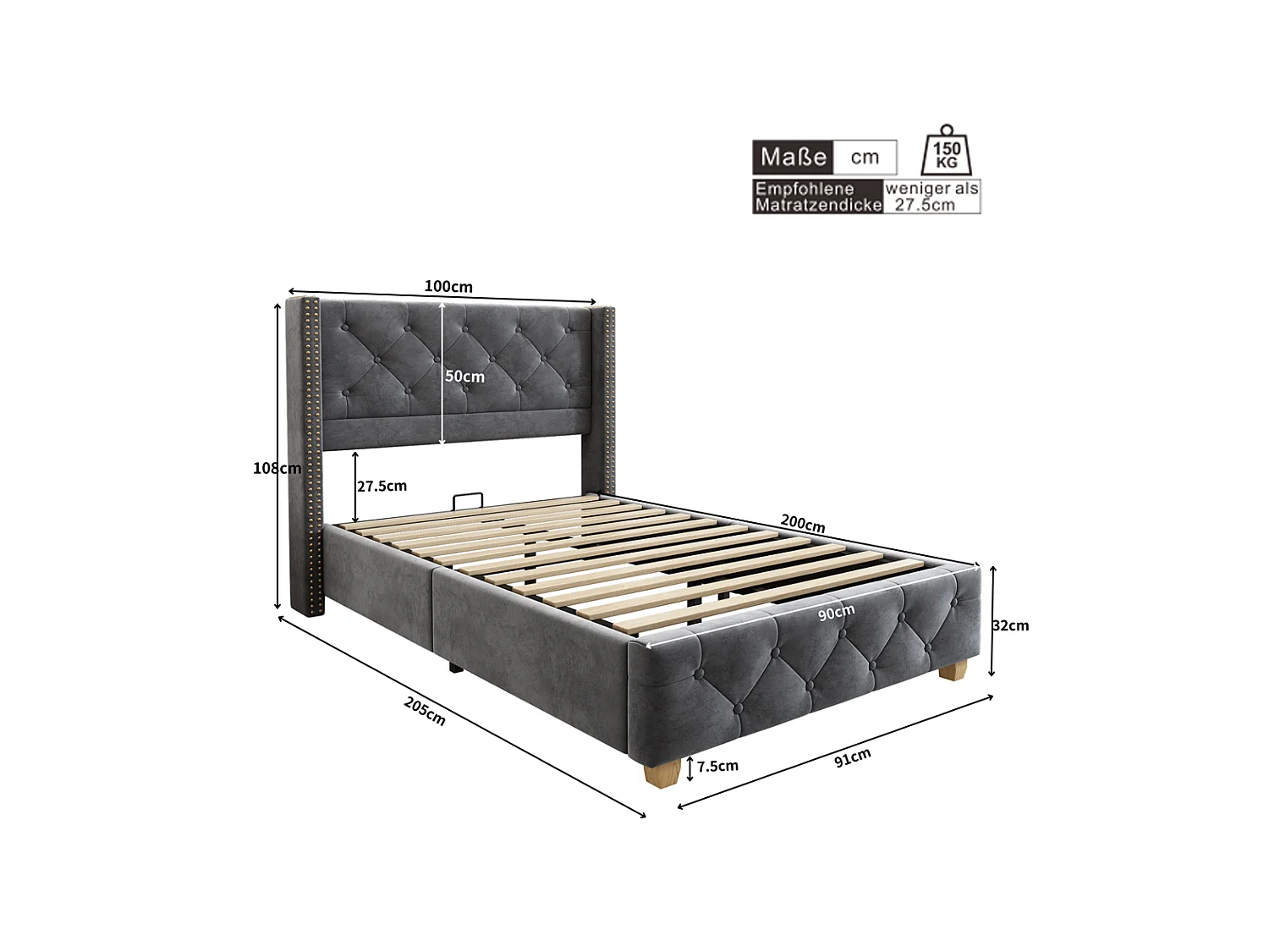 Lit capitonné 90x200cm, avec sommier à lattes, capitonnage à boutons et clous décoratifs, pieds en bois, velours, gris, sans matelas