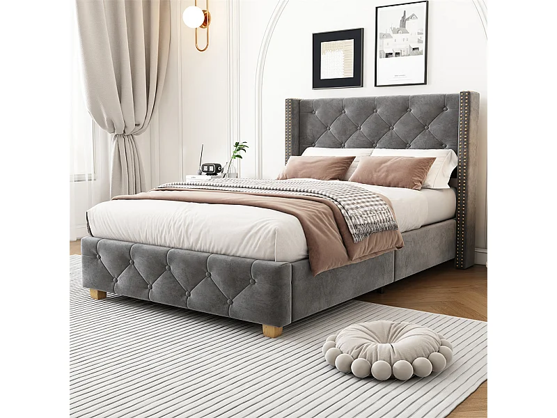 Gestoffeerd bed 90x200cm, met lattenbodem, knoop- en siernagels, houten poten, fluweel, grijs, zonder matras