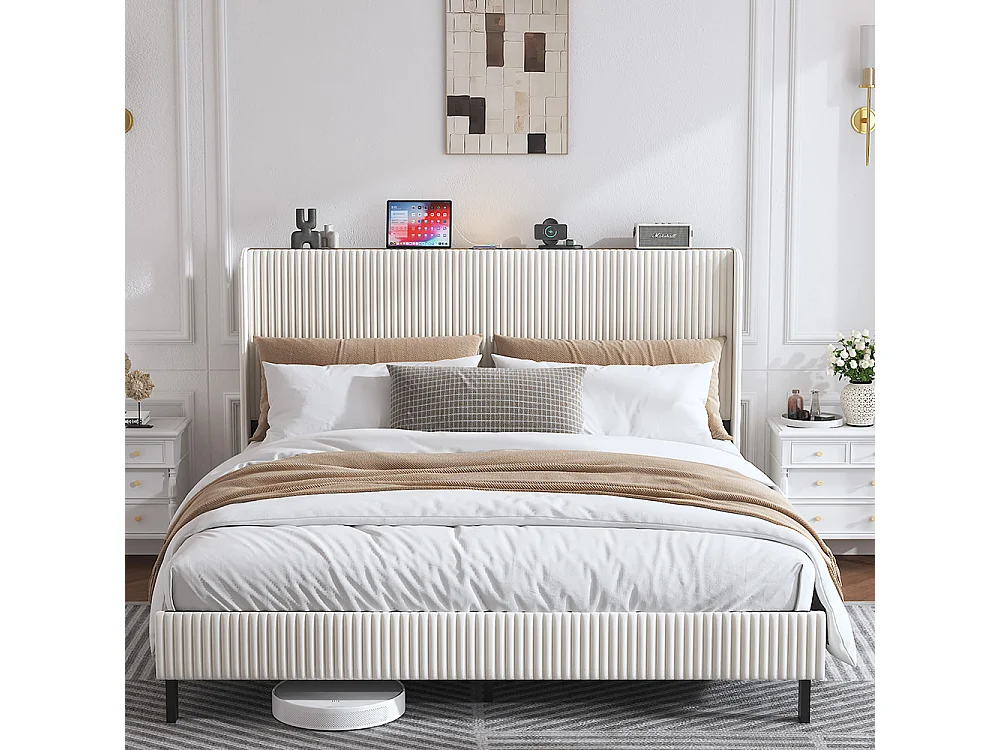 Lit capitonné 180 x 200 cm, tête de lit en tissu, antidérapant, sommier à lattes métalliques