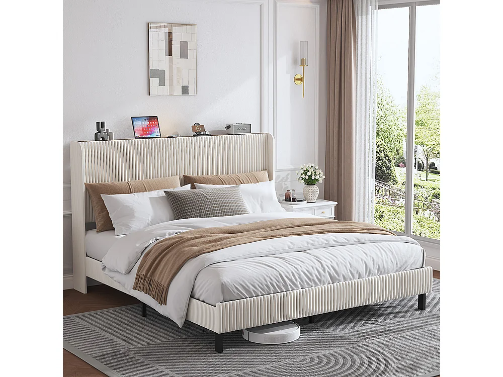 Lit capitonné 180 x 200 cm, tête de lit en tissu, antidérapant, sommier à lattes métalliques