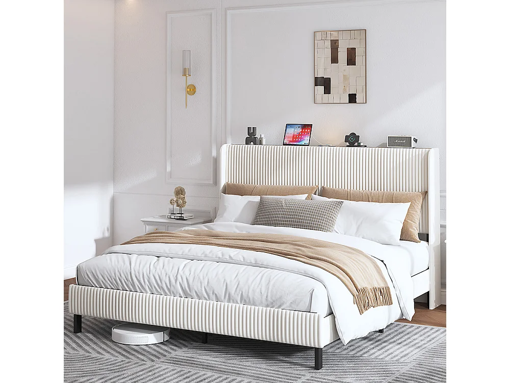 Lit capitonné 180 x 200 cm, tête de lit en tissu, antidérapant, sommier à lattes métalliques