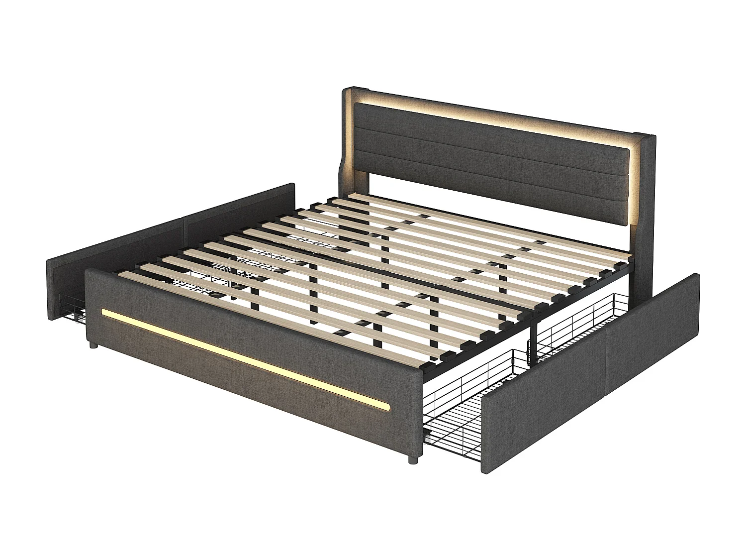 Gestoffeerd bed 180x200cm, met ledverlichting en opbergruimte, tweepersoonsbed met lattenbodem, linnen, grijs, zonder matras