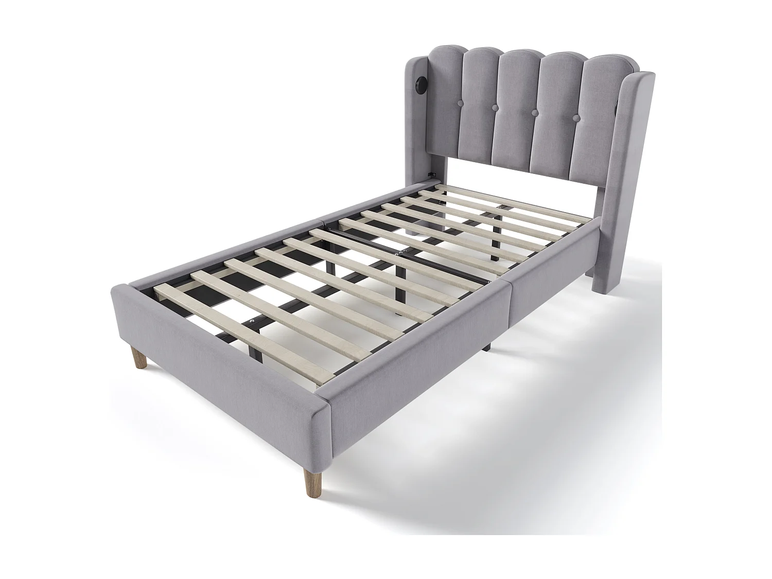 Gestoffeerd bed 90x200cm, eenpersoonsbed, met USB Type-C oplaadfunctie en lattenbodem, kinderbed, linnen, grijs, inclusief matras