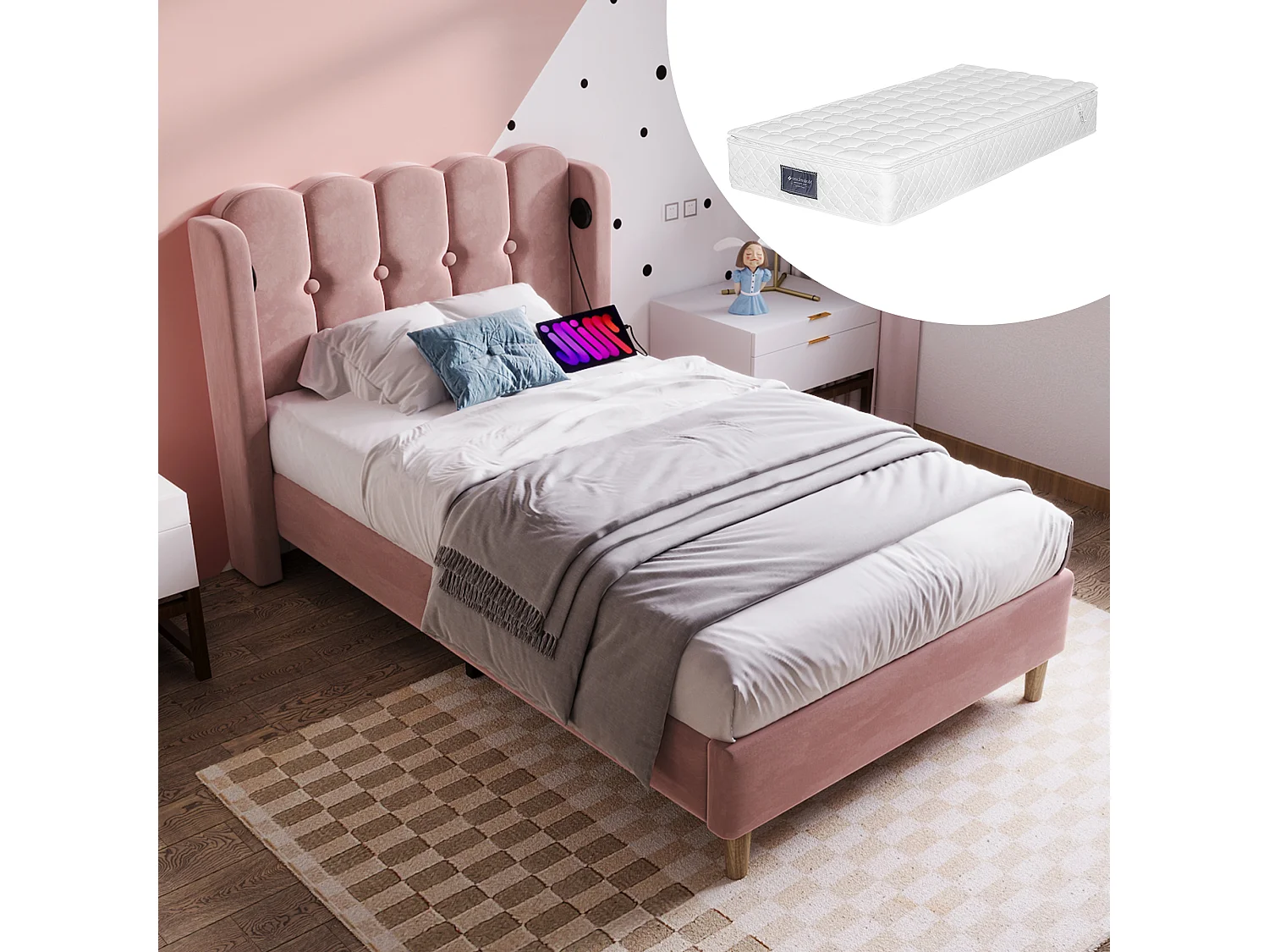 Lit rembourré 90x200cm, lit simple, avec fonction de chargement USB Type C et sommier à lattes, lit enfant,velours,rose,avec matelas
