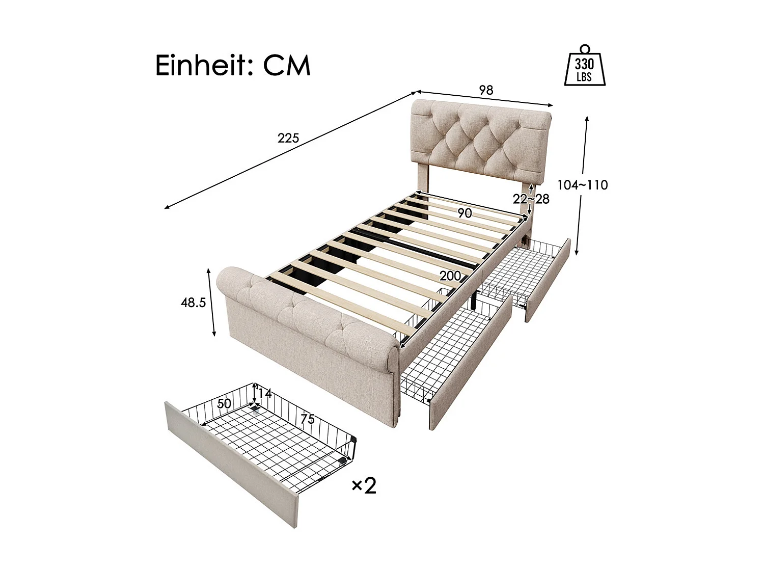 Lit simple rembourré 90x200cm, avec 2 tiroirs et tête de lit réglable en hauteur, lit fonctionnel Chesterfield, naturel,sans matelas