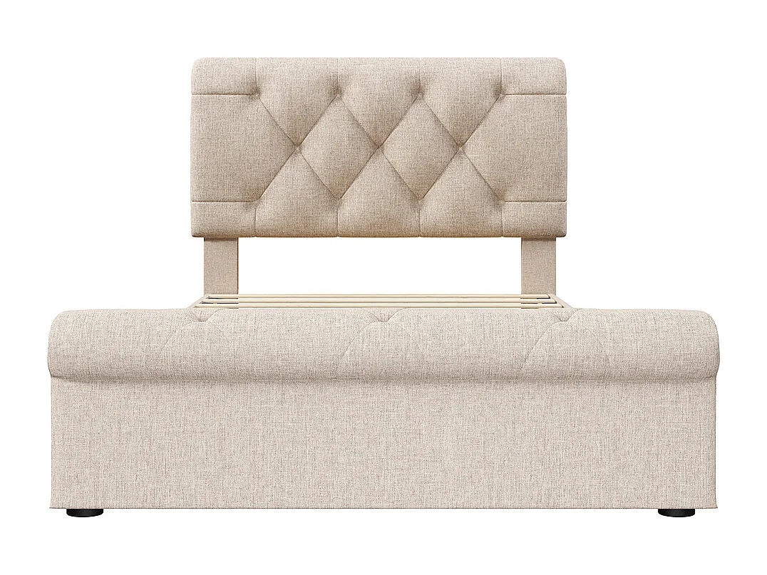 Lit simple rembourré 90x200cm, avec 2 tiroirs et tête de lit réglable en hauteur, lit fonctionnel Chesterfield, naturel,sans matelas