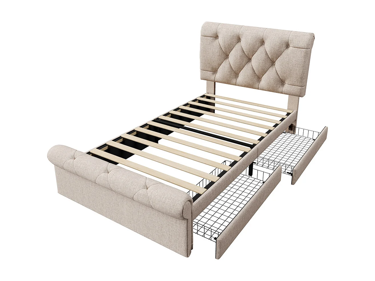 Lit simple rembourré 90x200cm, avec 2 tiroirs et tête de lit réglable en hauteur, lit fonctionnel Chesterfield, naturel,sans matelas