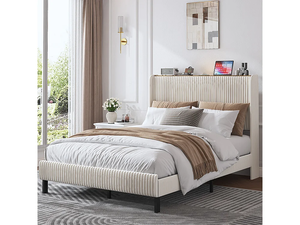 Lit capitonné 140 x 200 cm, tête de lit en tissu, antidérapant, sommier à lattes métalliques