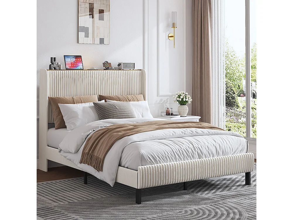 Lit capitonné 140 x 200 cm, tête de lit en tissu, antidérapant, sommier à lattes métalliques