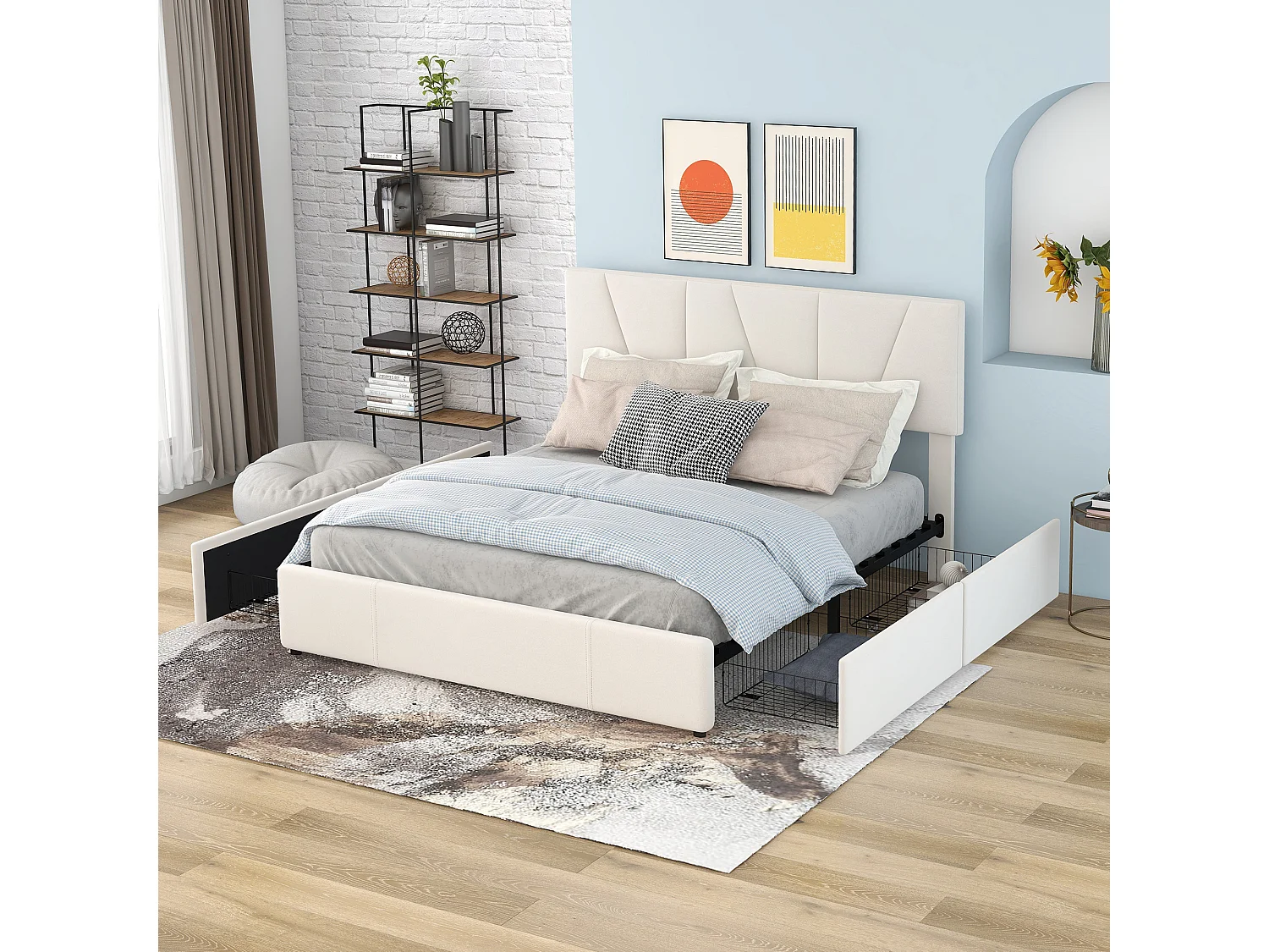 Gestoffeerd tweepersoons platformbed met vier lades aan elke kant, 140x200cm, hoofdeinde, fluweel, beige, matras niet inbegrepen.