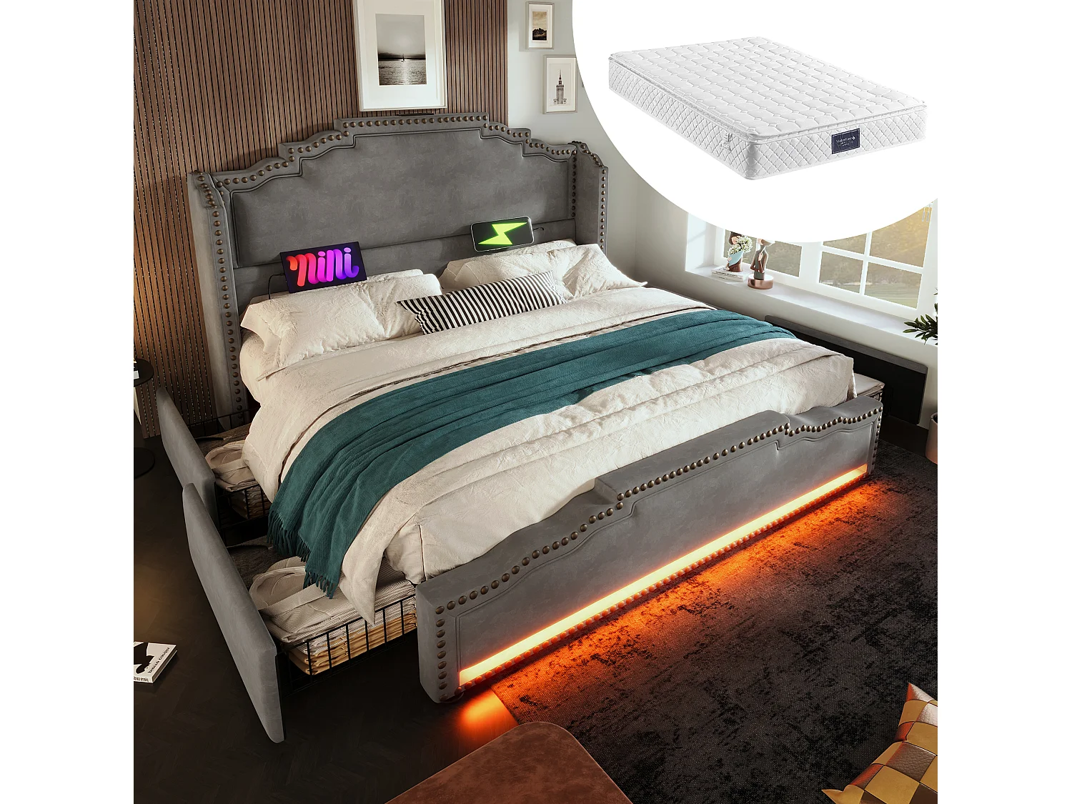 Lit rembourré 140x200cm, lit double avec 4 tiroirs, éclairage LED, USB-C et sommier à lattes, velours, gris, matelas inclus