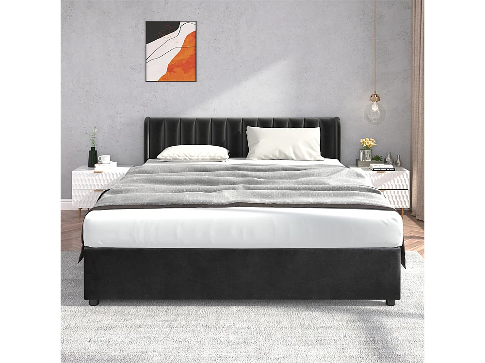 Lit rembourré 180x200cm, avec sommier à lattes, dossier et 2 tiroirs, velours, noir, sans matelas