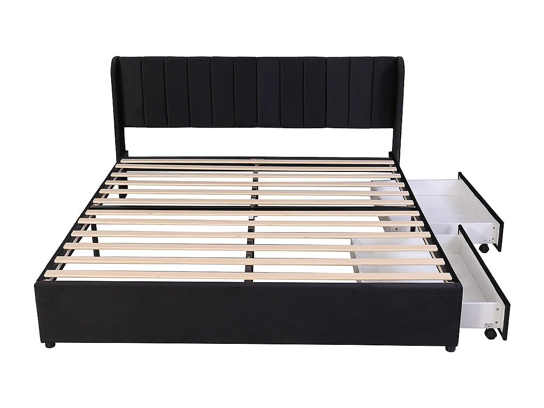 Lit rembourré 180x200cm, avec sommier à lattes, dossier et 2 tiroirs, velours, noir, sans matelas