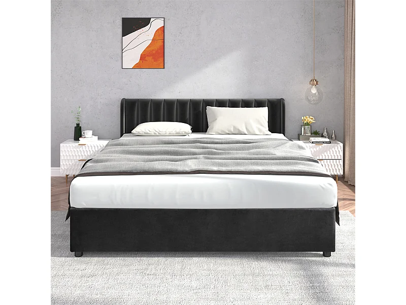 Lit rembourré 180x200cm, avec sommier à lattes, dossier et 2 tiroirs, velours, noir, sans matelas