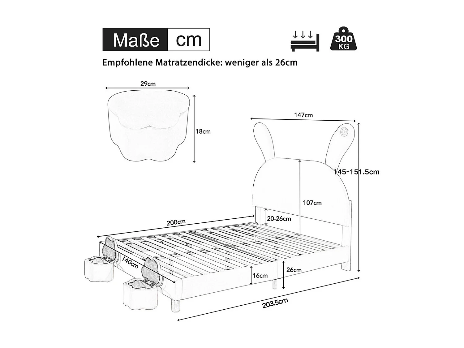 Lit rembourré 140x200cm,avec deux tabourets de rangement,éclairage LED,oreilles de lapin dépliables et sommier à lattes,velours,rose