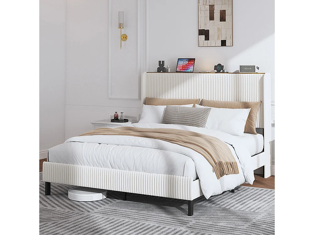 Lit capitonné 160 x 200 cm, tête de lit en tissu, antidérapant, sommier à lattes métalliques