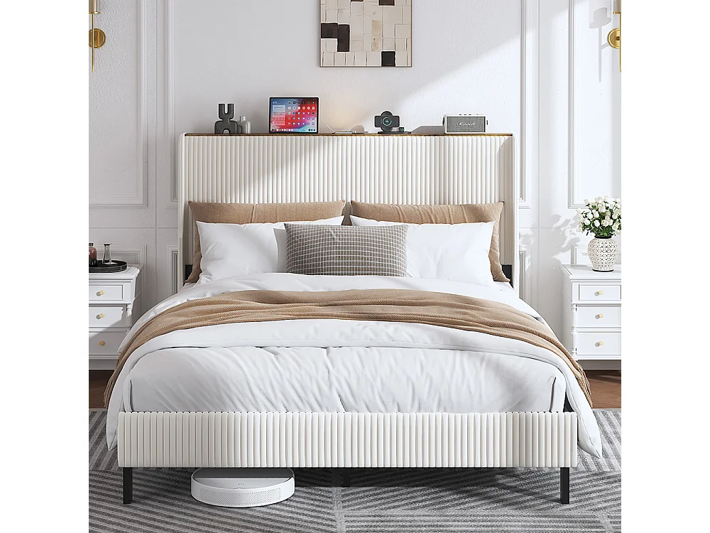 Lit capitonné 160 x 200 cm, tête de lit en tissu, antidérapant, sommier à lattes métalliques