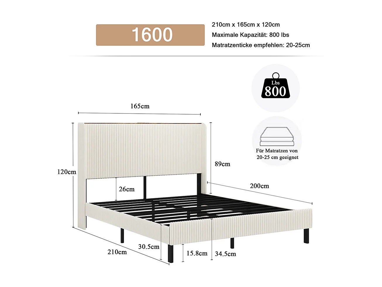 Lit capitonné 160 x 200 cm, tête de lit en tissu, antidérapant, sommier à lattes métalliques