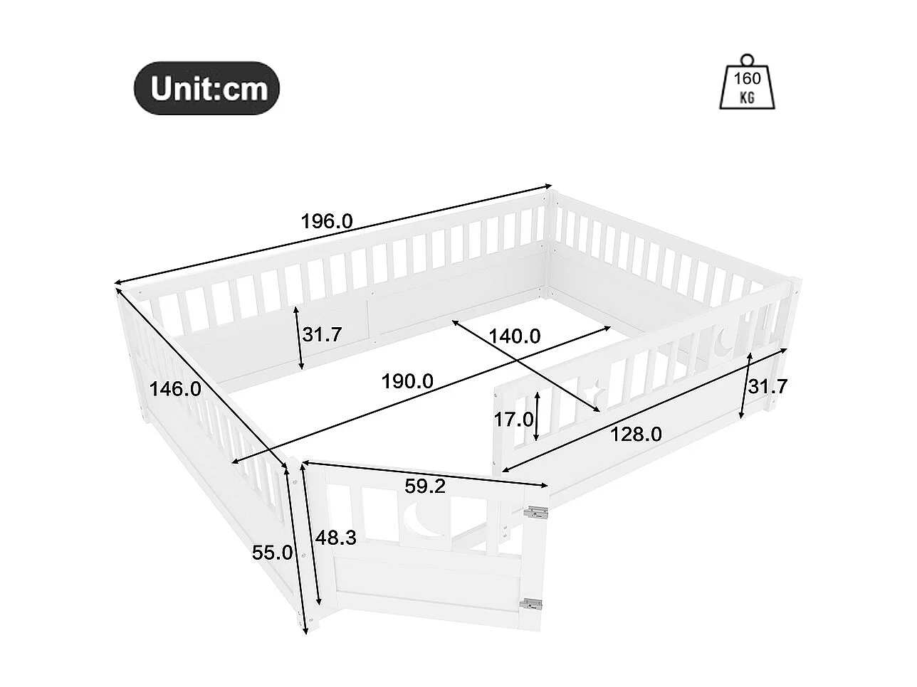 Lit enfant 140x190cm décor étoiles-lune, barreaux, blanc, sans matelas, sans sommier à lattes