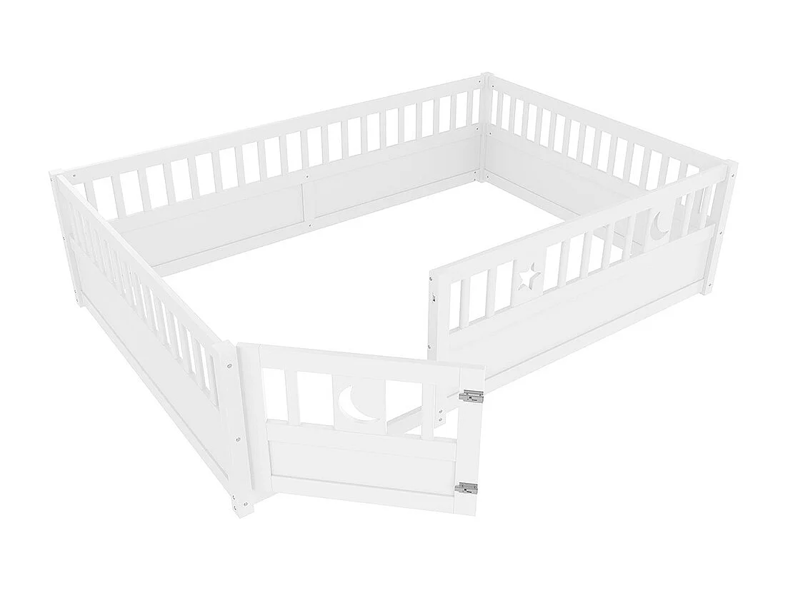 Lit enfant 140x190cm décor étoiles-lune, barreaux, blanc, sans matelas, sans sommier à lattes