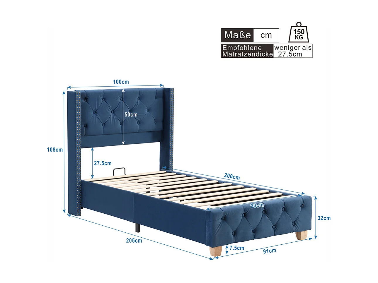 Lit capitonné 90x200cm, avec sommier à lattes, capitonnage à boutons et clous décoratifs, pieds en bois, velours, bleu, sans matelas