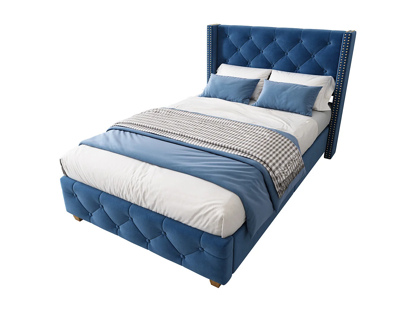 Lit capitonné 90x200cm, avec sommier à lattes, capitonnage à boutons et clous décoratifs, pieds en bois, velours, bleu, sans matelas