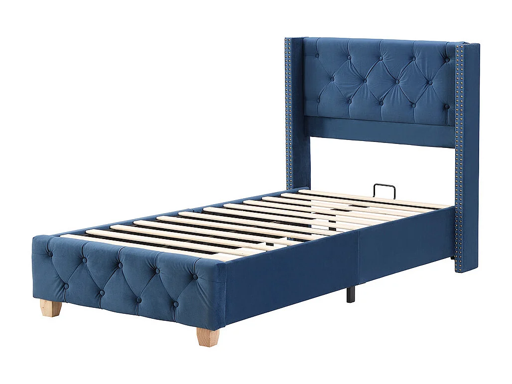 Lit capitonné 90x200cm, avec sommier à lattes, capitonnage à boutons et clous décoratifs, pieds en bois, velours, bleu, sans matelas
