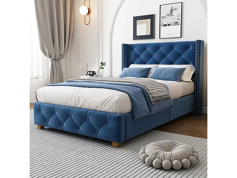 Lit capitonné 90x200cm, avec sommier à lattes, capitonnage à boutons et clous décoratifs, pieds en bois, velours, bleu, sans matelas