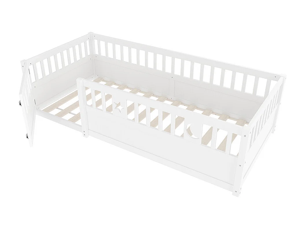 Lit à panneaux, 90x190cm, lit enfant avec barrières, décor étoiles et lune, sans matelas, blanc, style minimaliste