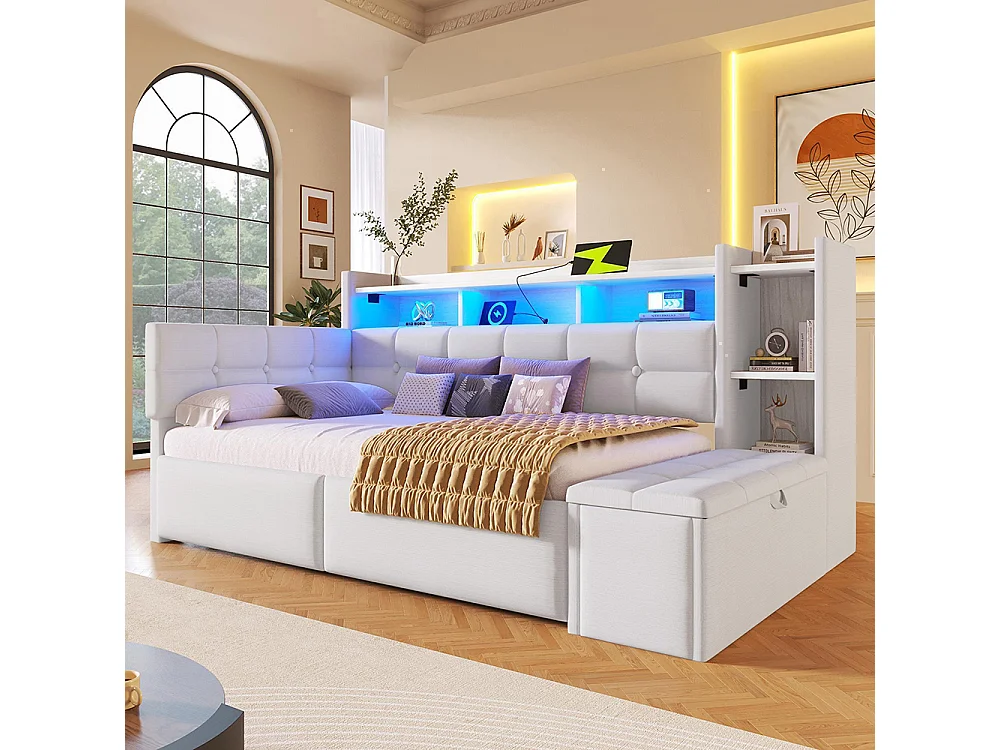 Méridienne 90x190 cm, avec deux tiroirs, compartiment de rangement, banc de rangement au pied, blanc