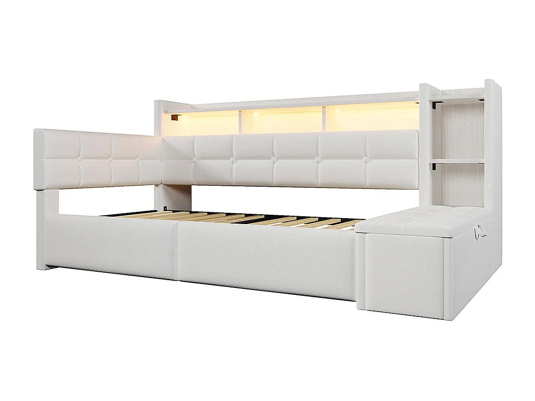 Méridienne 90x190 cm, avec deux tiroirs, compartiment de rangement, banc de rangement au pied, blanc