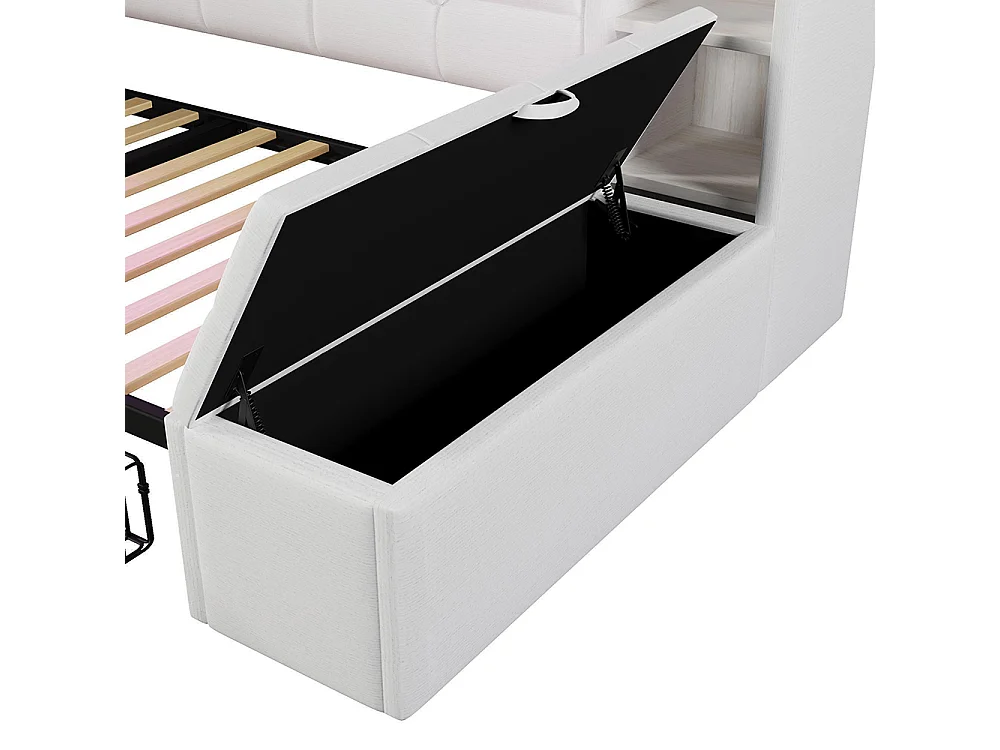 Méridienne 90x190 cm, avec deux tiroirs, compartiment de rangement, banc de rangement au pied, blanc