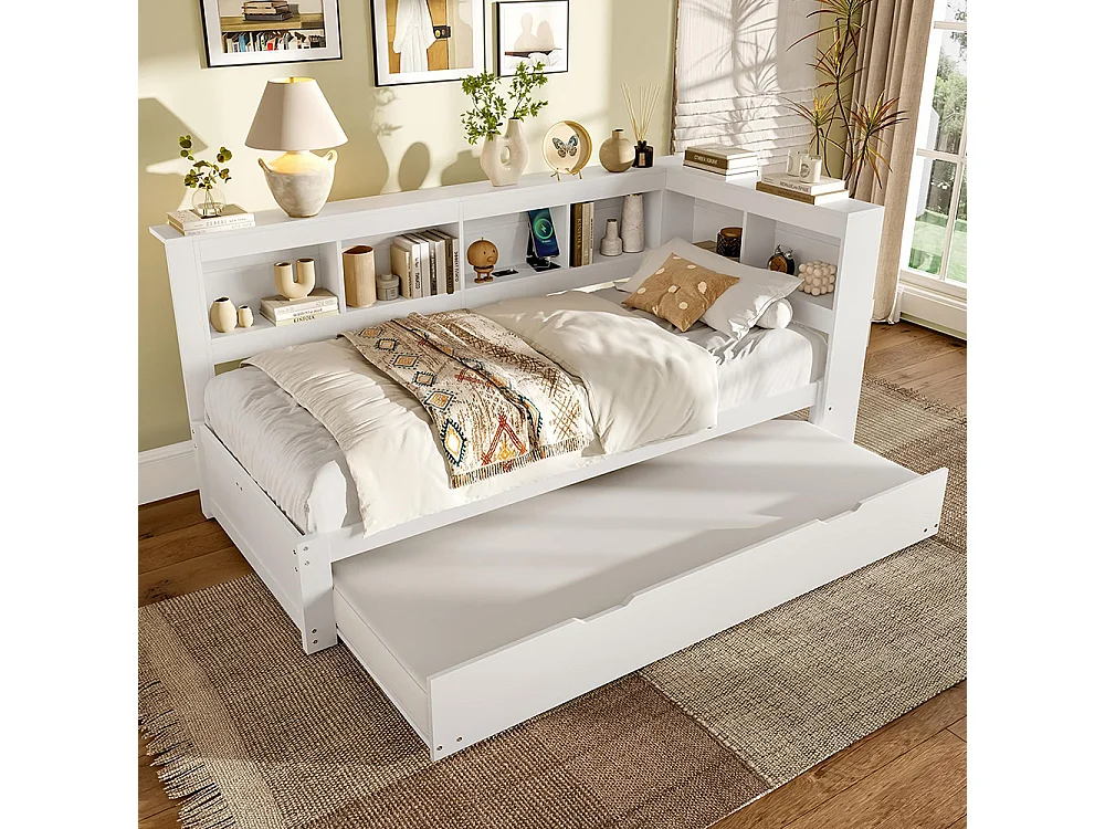 Banquette-lit 90 x 200 cm, convertible, banquette-lit gigogne, avec prise de courant et 2 ports USB, blanc