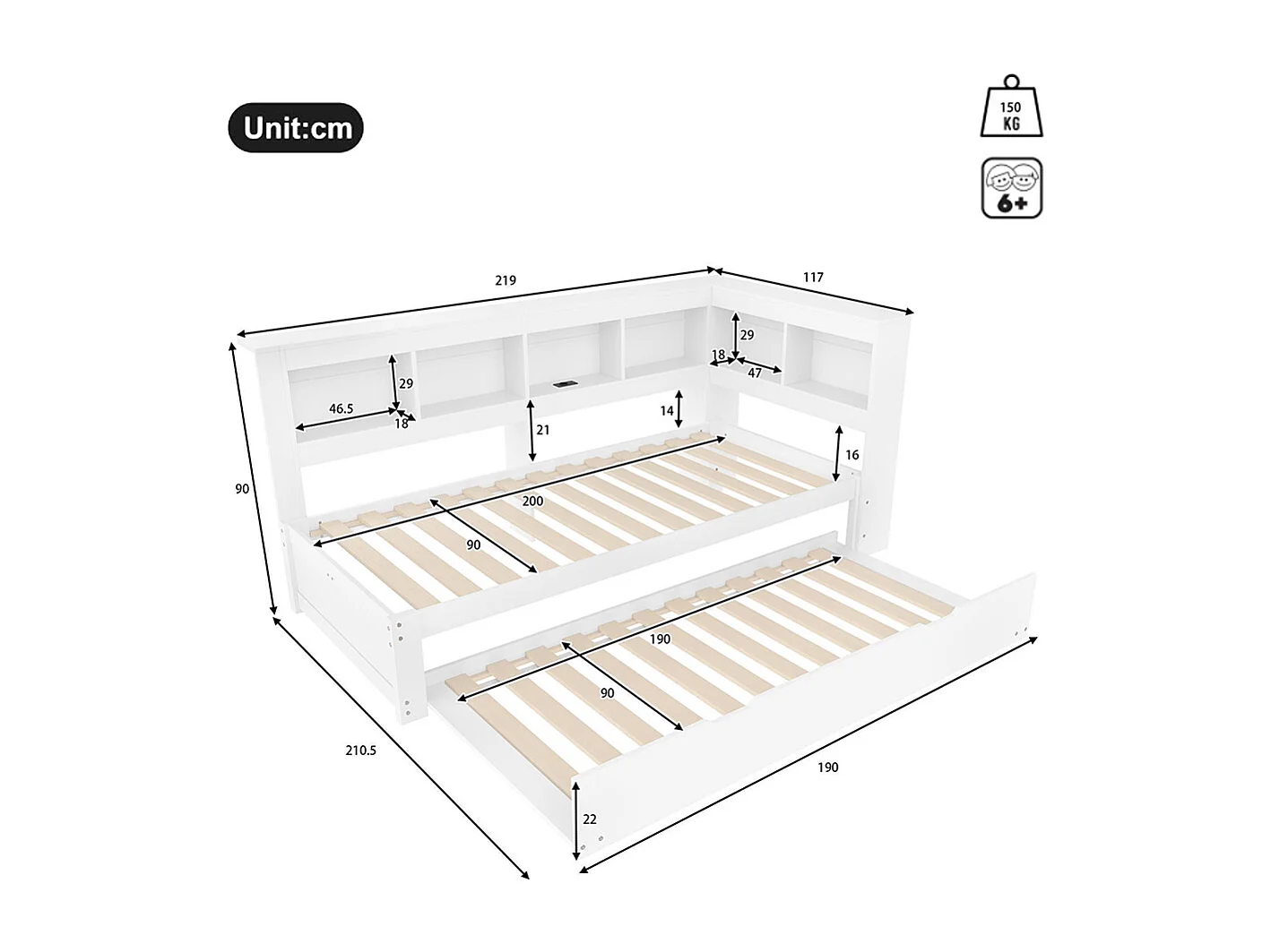 Banquette-lit 90 x 200 cm, convertible, banquette-lit gigogne, avec prise de courant et 2 ports USB, blanc