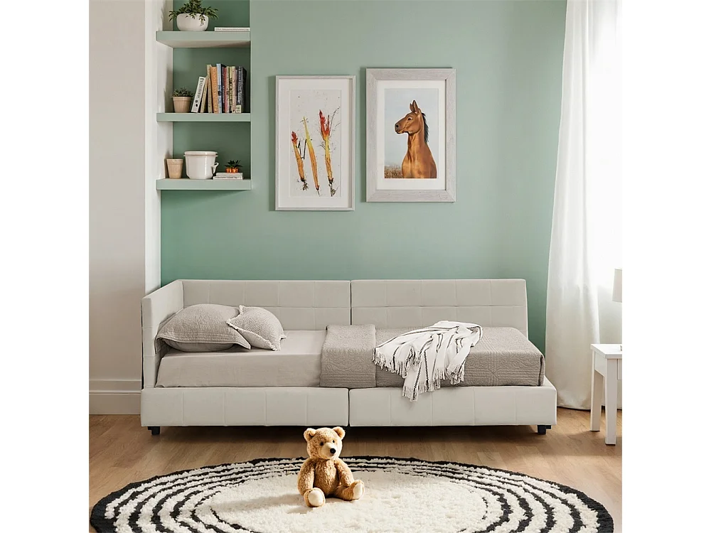 Lit simple 90x200 cm, revêtement en velours doux pour la peau, lit enfant avec dossier haut, beige, sans matelas