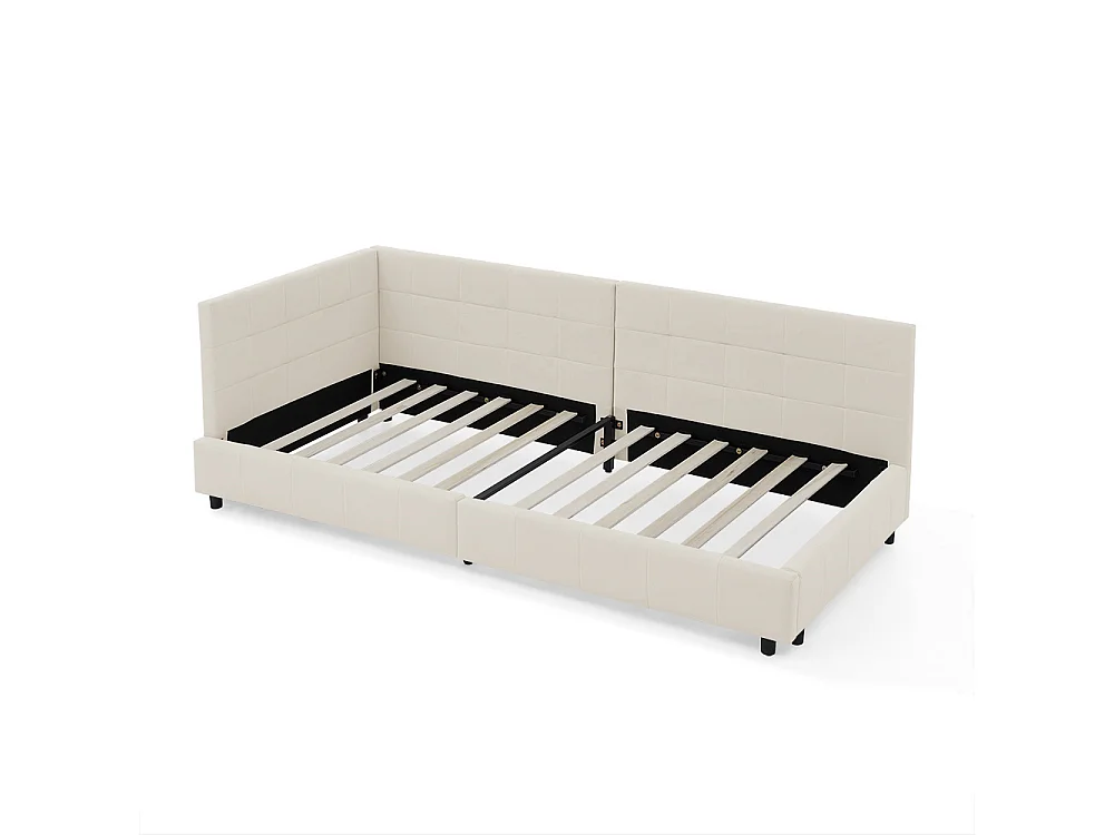 Lit simple 90x200 cm, revêtement en velours doux pour la peau, lit enfant avec dossier haut, beige, sans matelas
