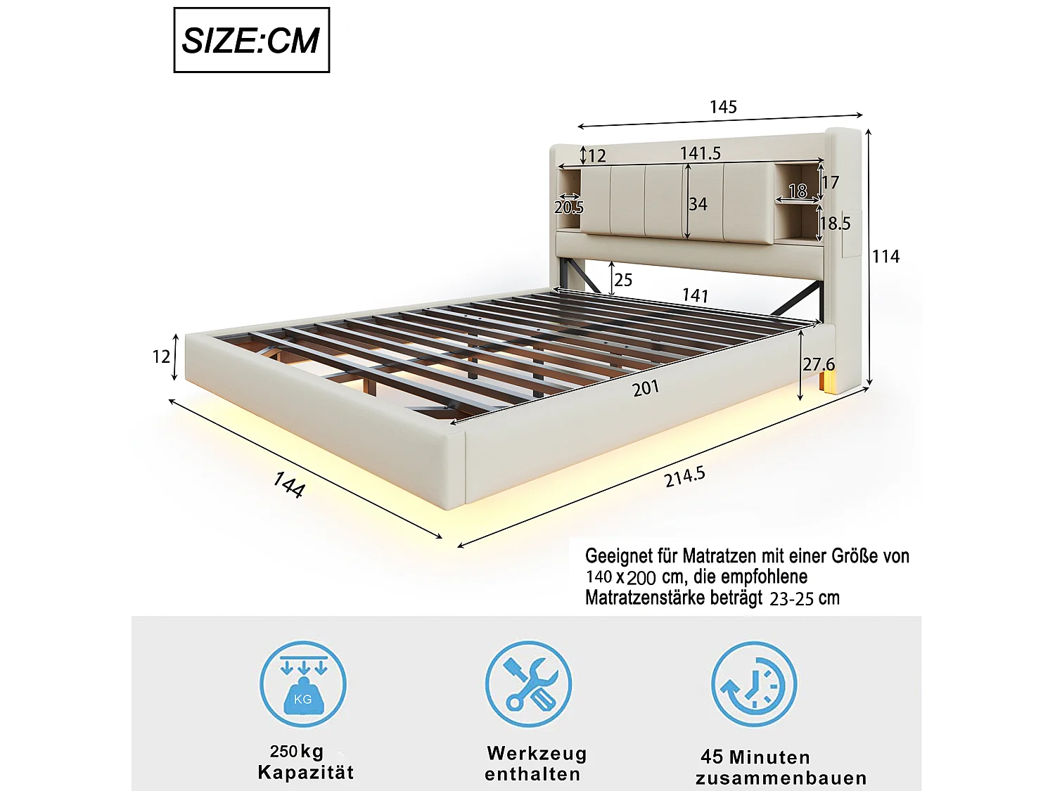 Gestoffeerd bed 140x200cm, met USB-poort,ledstrip,hoofdeinde met opbergruimte,tweepersoonsbed, linnen, beige, matras niet inbegrepen