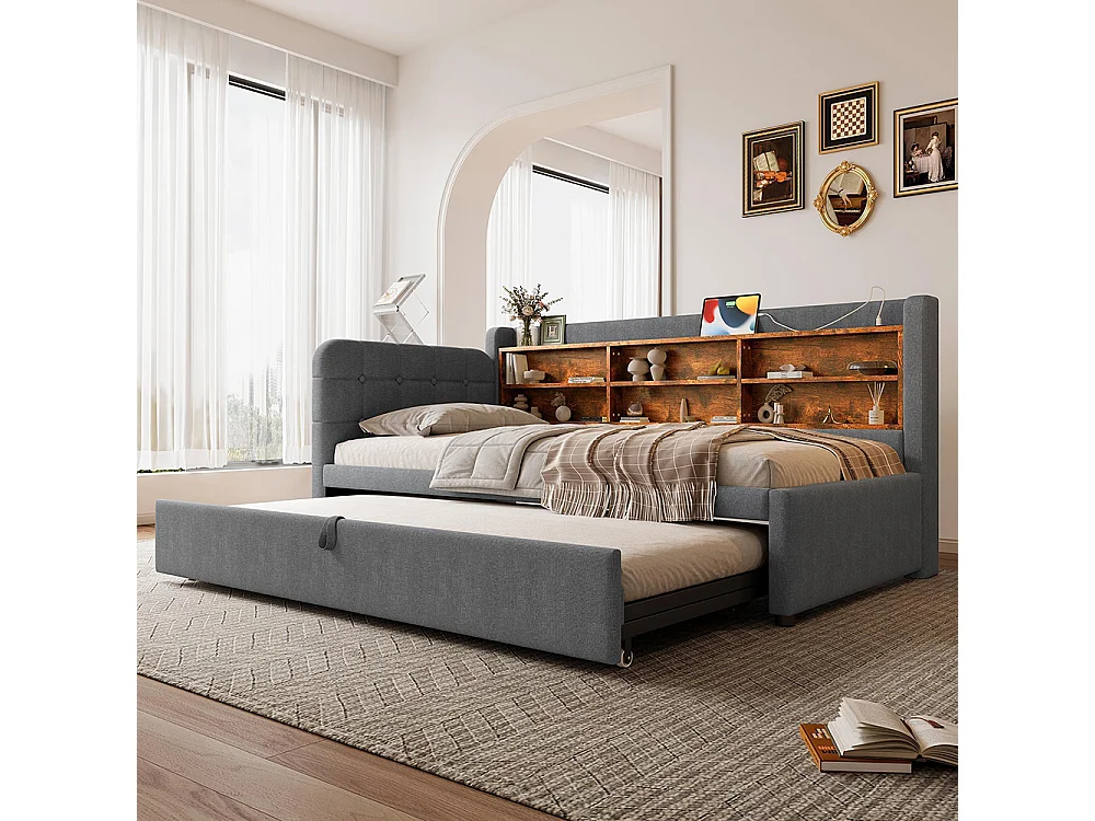 Lit de repos 90x200 cm, canapé-lit gigogne design 180 x 200 cm, USB + Type C, gris